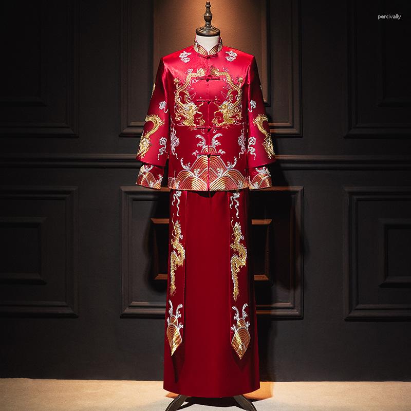 

Ethnic Clothing Men's Clothes Wedding Dress Tang Suit Chinese Traditional Groom Dragon Embroidery Red Long Sleeved Hanfu