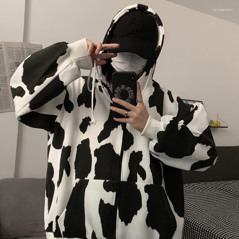 

Women's Hoodies Streetwear Vintage Harajuku Style Cow Printing Zipper Pocket Sweatshirts Full Sleeve Drawstring Hooded Casual Loose, White