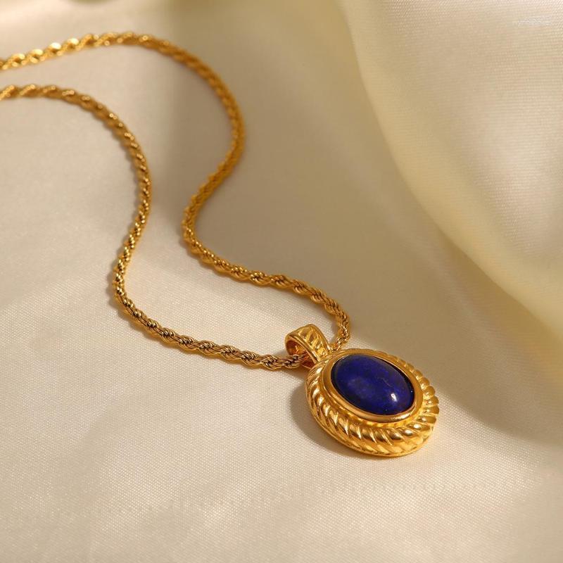 

Chains INS CoolStyle All-Match Retro Graceful European And American Personality Regular Chain Inlaid Lapis Lazuli Oval Pendant Necklace