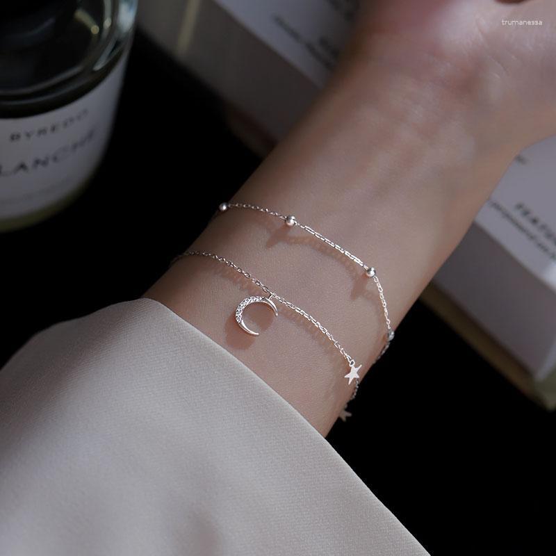 

Link Bracelets Chain Silver Color Moon Star Bracelet Double Layer Women's Hand For Party Jewelry WholesaleLink Raym22