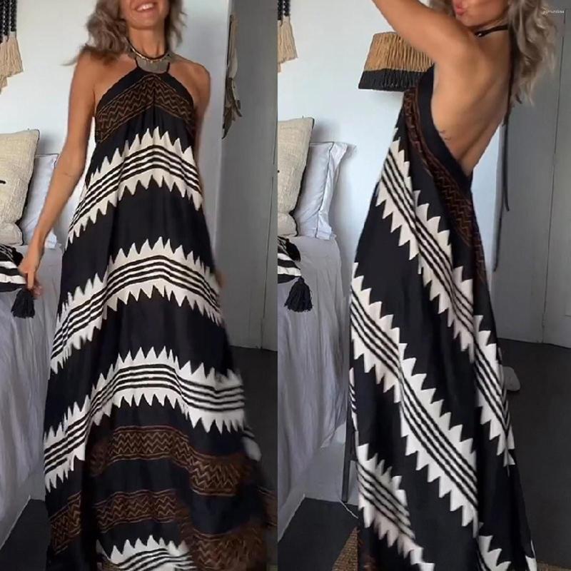 

Casual Dresses Women's Neck Hanging Printed Dress With Large Swing Vacation Beach, Black