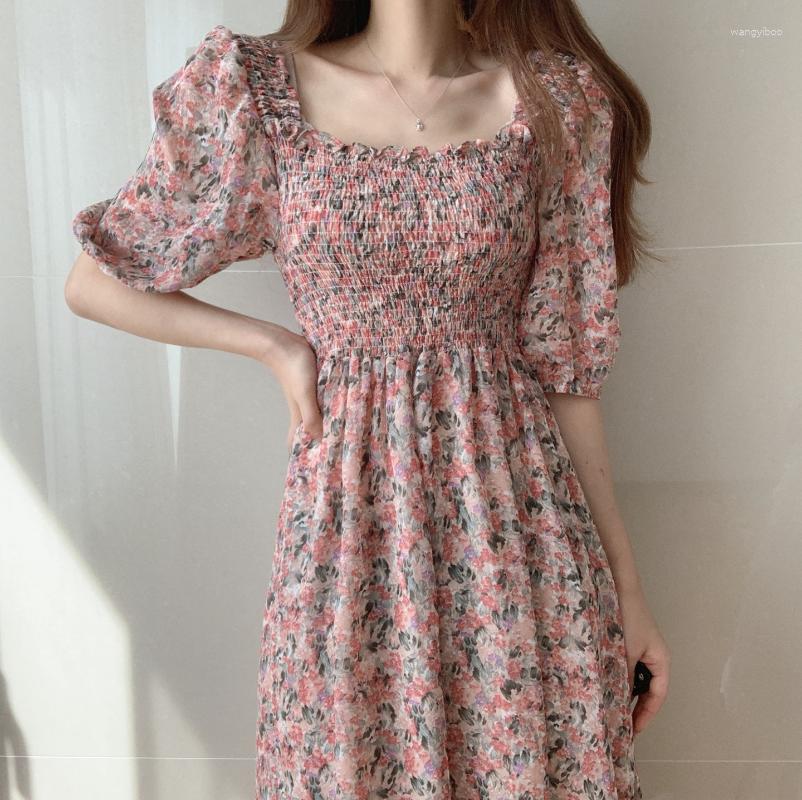 

Casual Dresses 4XL Floral Chiffon Dress Women Sleeve Empire Vintage Fairy Slim Square Collar Vestido Temperament Elegant Chic, Yellow