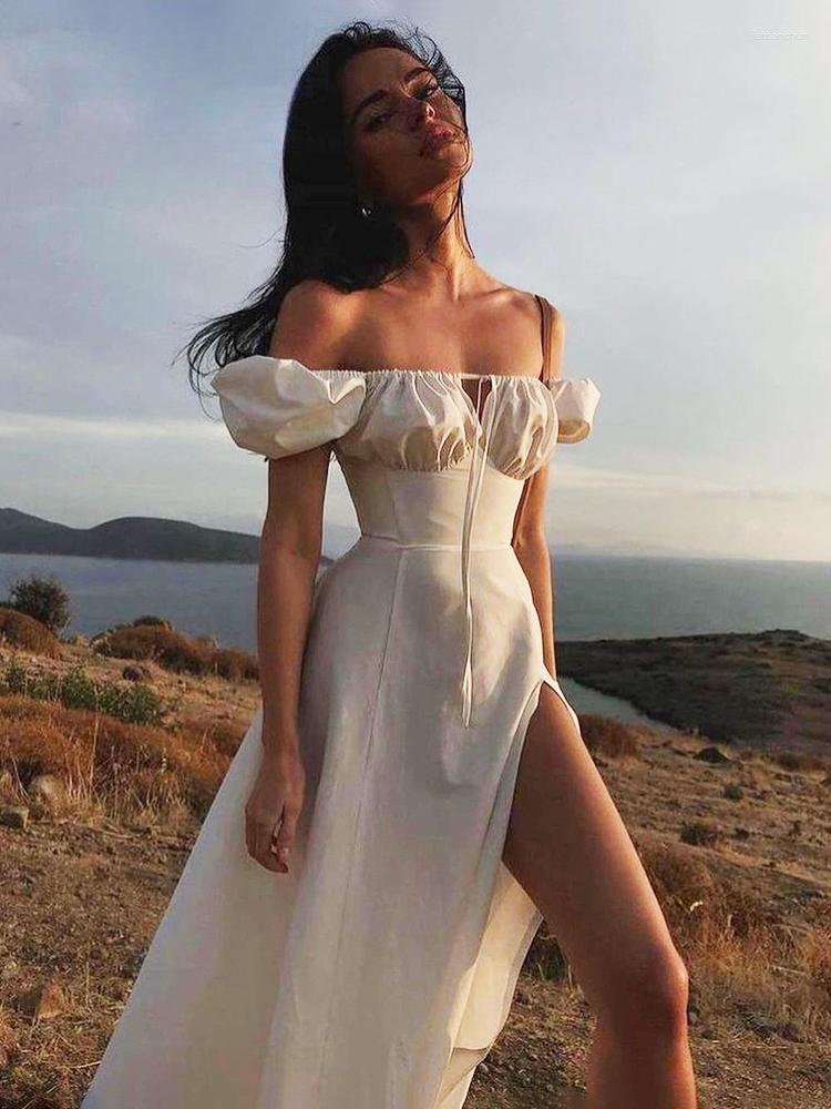 

Casual Dresses Puff Sleeve White Dress Off Shoulder Cut Out Tie Up Side Split Ruched Long Robe Femme Summer For Women 2023