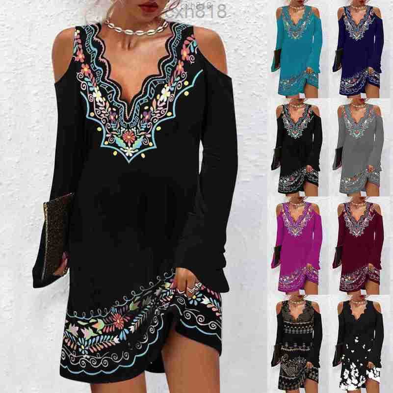 

Autumn New Women' Ethnic Style Printed Wave V-neck Off Shoulder Flare Long Sleeve Dress women clothes, Printed c-black