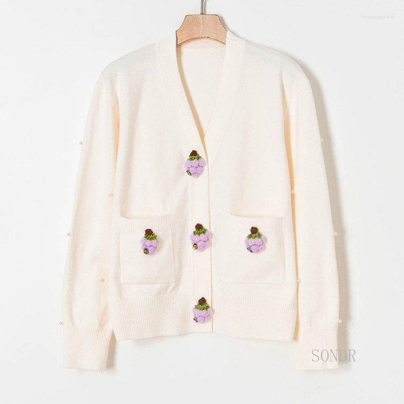 

Women' Knits White Cardigan With Crochet Grapes Women Black Knitted 2023 Fall Winter V-neck Sweater Knitwear Coat Blue