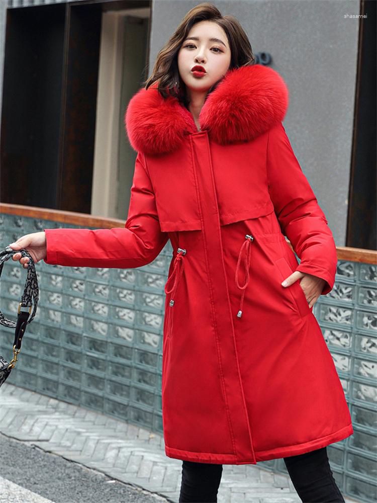 

Women's Trench Coats Parkas Coat Women Long Plus Velvet Fur Hooded Clothing 2023 Winter Fashion Loose Thick Warmth Down Cotton Jacket, Black