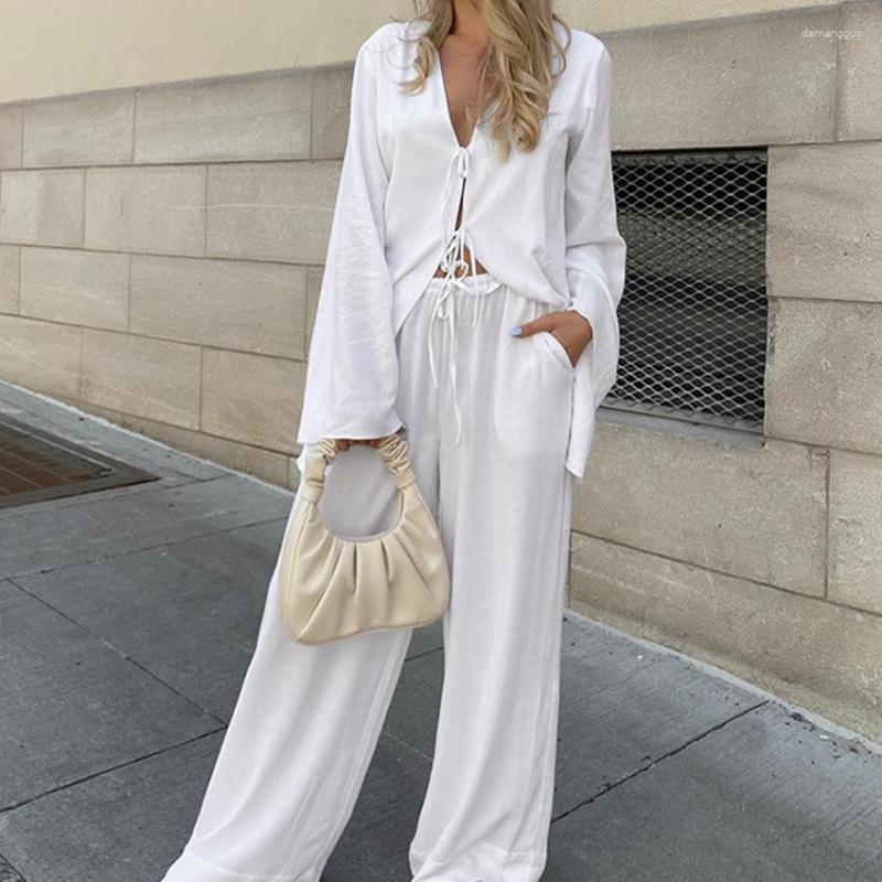 

Women' Sleepwear 2023 Women Casual Loose Pajamas Set Sexy V Neck Lace-Up Full Sleeve Top Long Pants 2 Pieces Matching Sets Outfits, White