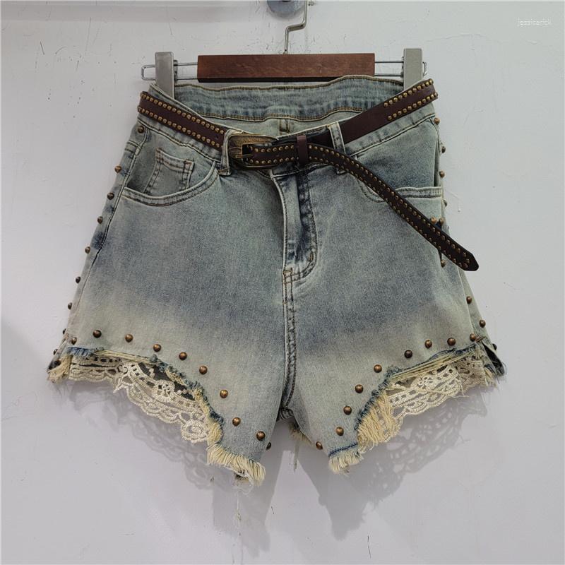 

Women' Shorts Women Vintage Rivet Denim Lace Spliced Patchwork Streetwear Fashion High Waist 2023 Summer Tide Short Jeans Y335, Blue