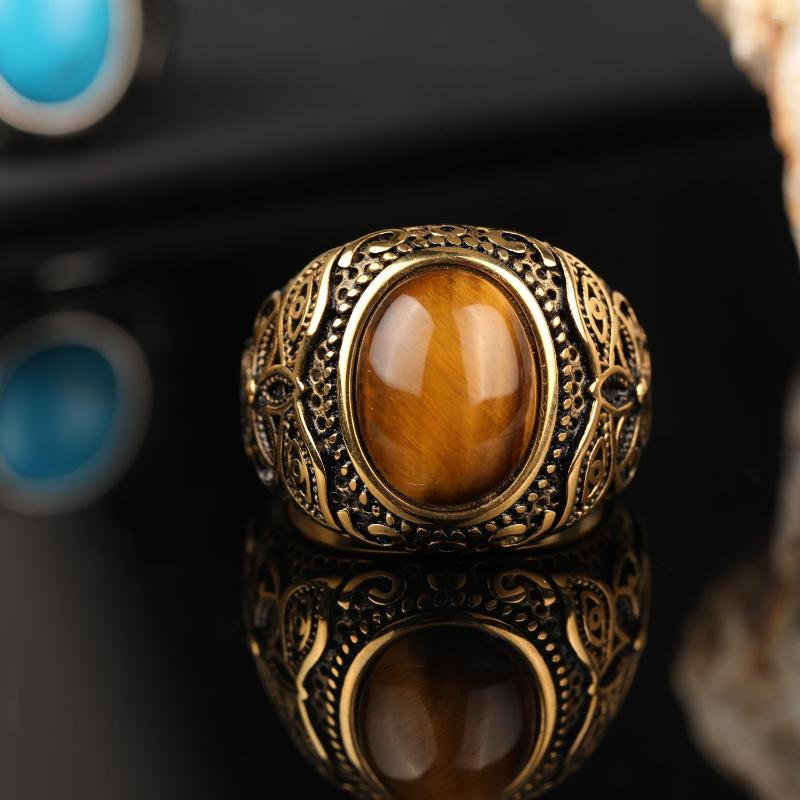 

Cluster Rings Stainless Steel Natural Tiger Eye Flower Band Stone Ring For Men Women Antique Fashion Jewelry Factory Wholesale