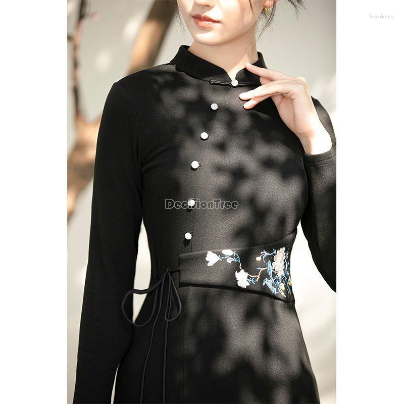 

Ethnic Clothing 2023 Autumn Vintage Chinese Retro Fashion Style Long Sleeve Stand Collar Printed Belt Tight Cheongsam Dress For Women G909