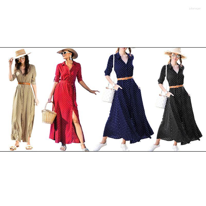 

Casual Dresses Women Bohemian Long Sleeve Lapel Collar Button Down Flowy Maxi Shirt Dress Polka DropShip, Black