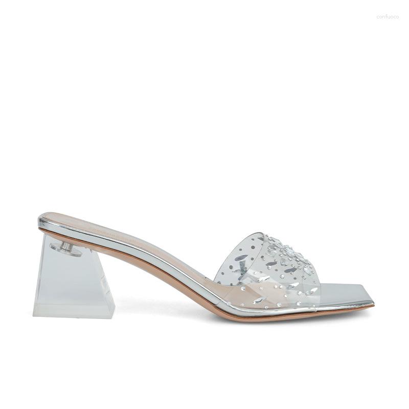 

Slippers Women Sexy Clear Crystal High Heels Shoes 2023 Summer Simple Slip On Shallow Mules Pumps Sandals, Pink