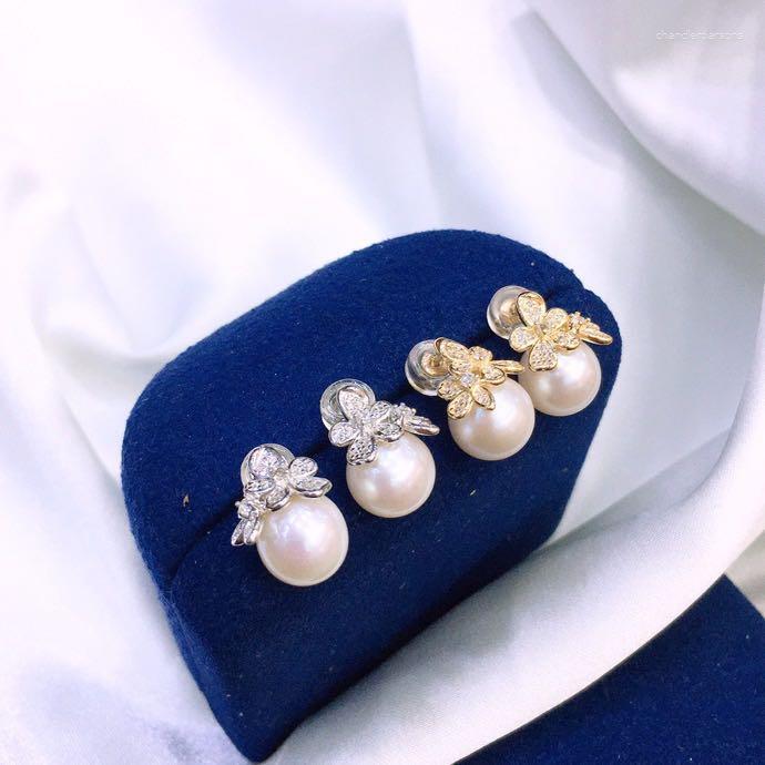 

Stud Earrings 925 Silver Inlay Is Round Pearl Bright Light Flawless 8-9mm Beads