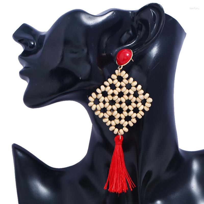 

Dangle Earrings Bohemian Ethnic Hand-knitted Wooden Beads Intertwined Square Cutout Pendant Trendy Simple Women's Tassel