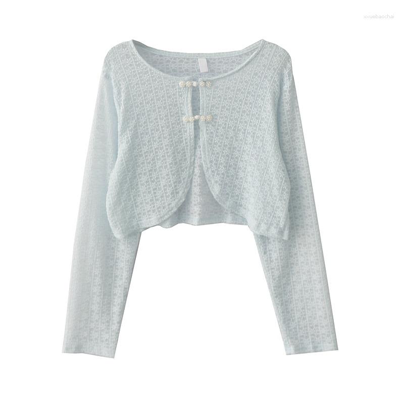 

Women's Jackets Vintage Shawl Women Summer Chinese Style Wind Pearl Disc Buckle Short Coat Female Thin Long Sleeve O Neck Lace Cardigan, Green