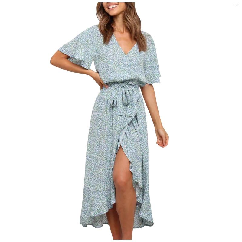 

Party Dresses Short Sleeve Fork Floral Ruffles Hem Women Open Long Dress Print Fashion V-Neck Women, Blue