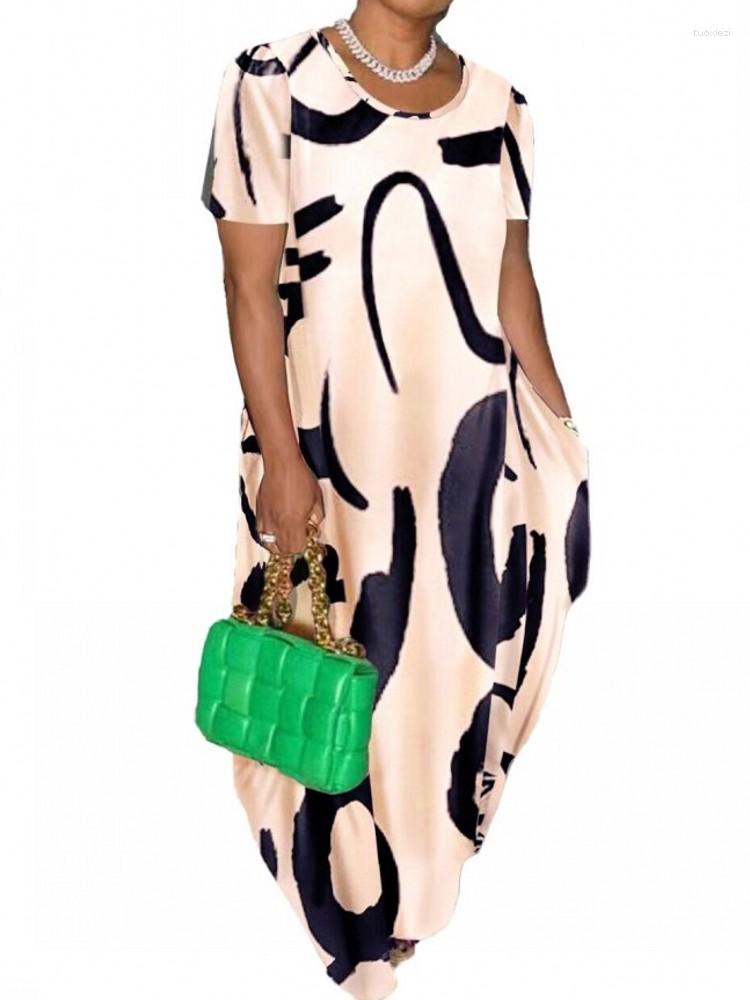 

Casual Dresses Summer Print Women Dress O Neck Short Sleeve Loose Long Holiday Robe Streetwear Ladies Fashion Clothes Midi Vestido, Khaki