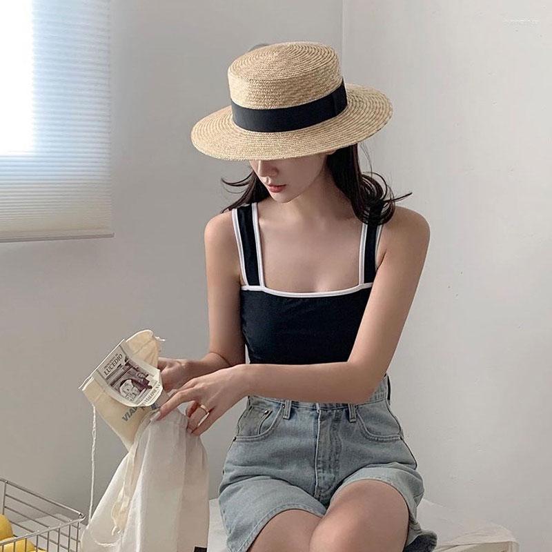 

Berets 2023 Simple Summer Parent-child Beach Hat Female Casual Panama Lady Brand Flat Brim Natural Straw Cap Girl Sun, Kid 5cm black