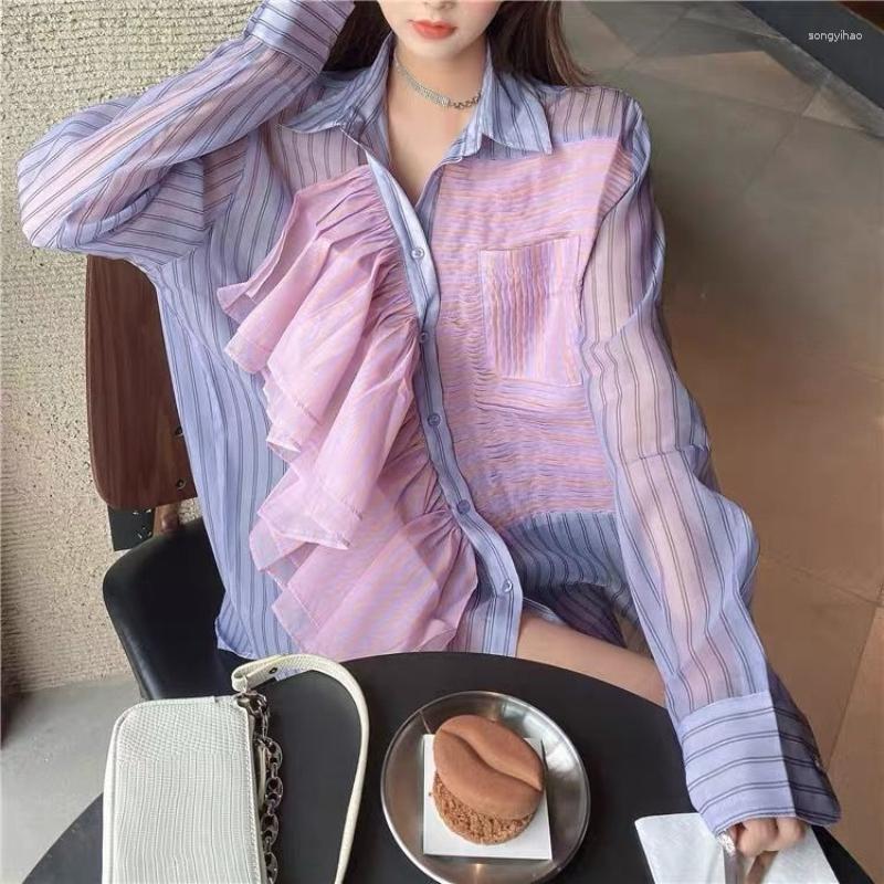 

Women' Blouses TEROKINIZO Korean Style Irregular Ruffles Shirts Women Slightly Transparent Long Sleeve Striped Blouse Female Fashion Blusas, Picture color