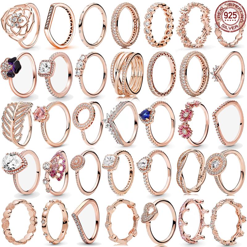 

Cluster Rings 925 Sterling Silver Rose Gold Series Delicate Shiny Heart Droplet Daisy Crown Charm Ring Women's Jewelry Gift