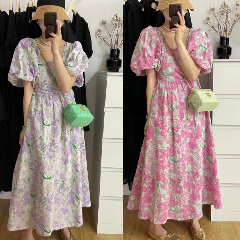 

Casual Dresses French Style Square Collar Three-dimensional Relief Oil Painting Flower High Waist Backless Design Bubble Sleeve Dress, Pink