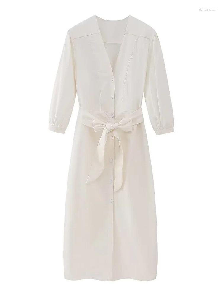 

Casual Dresses Womens 2023 Single Breasted White Straight Long Dress Female V-Neck Shirt Style Summer With Belt Femme