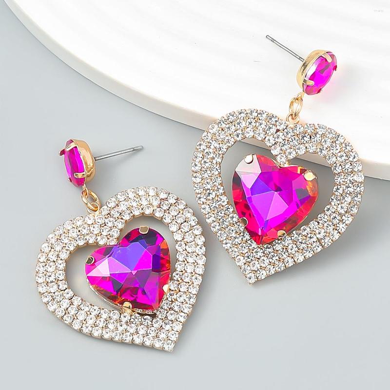 

Dangle Earrings Vintage Colorful Luxury Shiny Bling Fuchsia Ocean Blue Heart Crystal Glass Baroque Zircon Stud For Women Jewelry