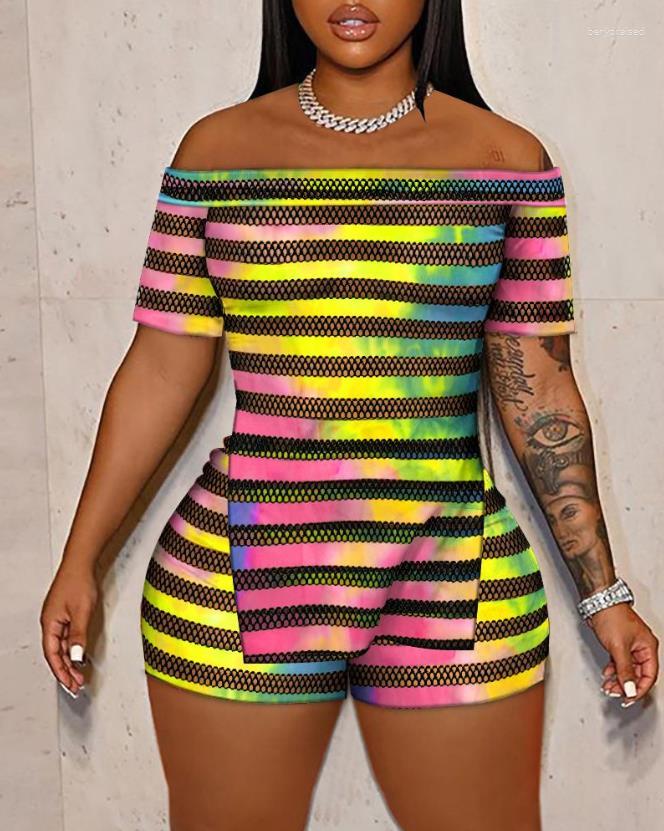 

Women' Tracksuits 2023 Casual Tie Dye Print Contrast Mesh Split Bottom Off Shoulder Top And Women' Tight Shorts Set