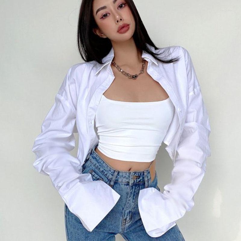

Women' Blouses Lucyever Women Shirts And 2023 Spring Korean Style Long Sleeve Button Up Shirt Ladies Turn-Down Collar Cropped Blouse, White