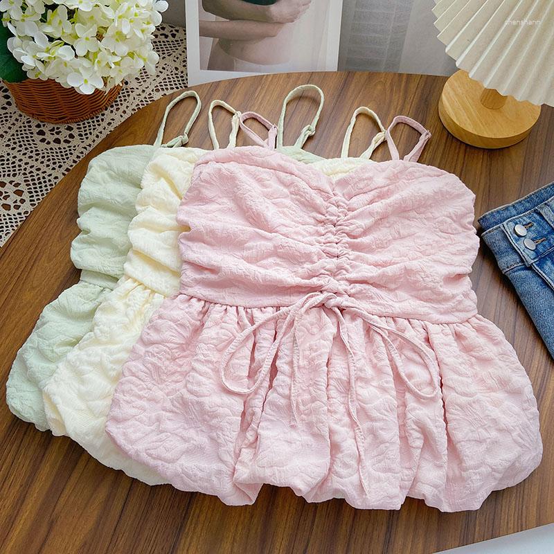 

Women's Tanks Korean Fashion Sweet Camis For Women Spaghetti Strap Pleated Solid Colours Femme Corset Crop Tank Tops Skinny Camisoles, Green