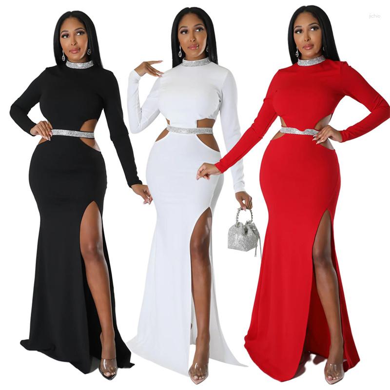 

Casual Dresses High Street Simple Fashion Dress Spring And Autumn Women Solid Color Long Sleeve O-neck Skinny Hollow Waist, Black