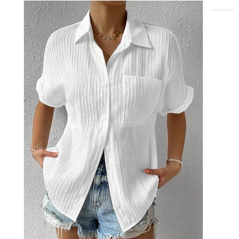 

Women' Blouses Fashion 2023 Summer Blouse Women Solid Casual Lapel Pocket Cardigan Short Sleeved White Shirt For Womens Tops Camisas Mujer, Green