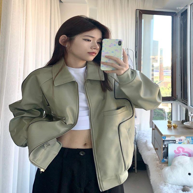 

Women' Jackets 2023 Autumn Outerwear Woman Leather Fillets Contrast Color Locomotive Coat Chaopai Easy Jacket, Gray