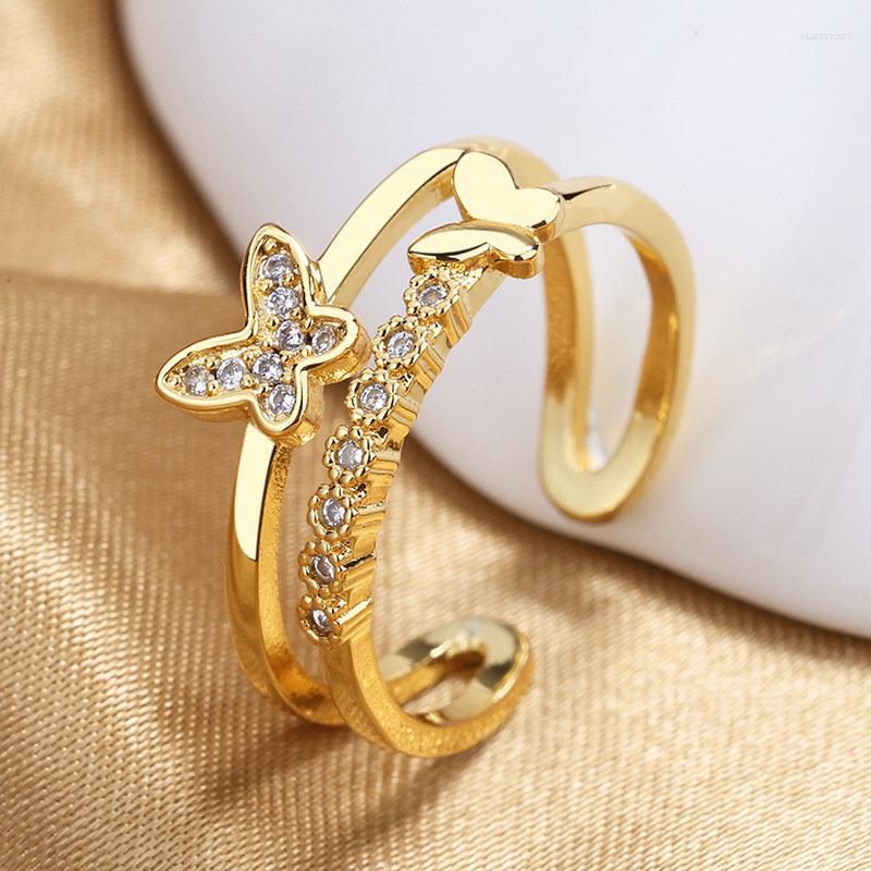 

Cluster Rings 925 Sterling Silver Ring 2 Layers Butterfly Zircon Open For Women Charm Fashion Engagement Wedding Gift Jewelry