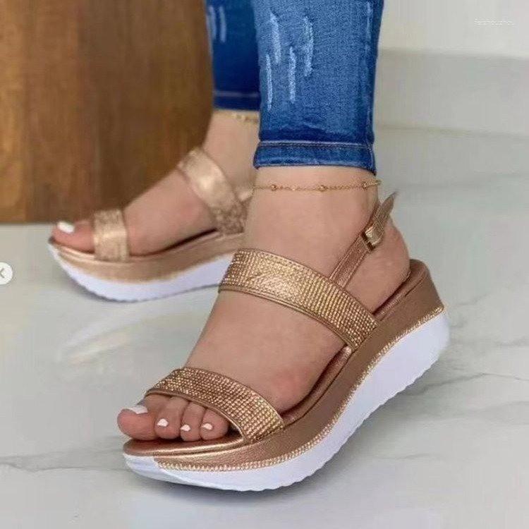 

Sandals 2023 Women Flat Buckle With Casual Medium Heel Muffin Sequined Crystal Laces Face FGMY-2009, Black