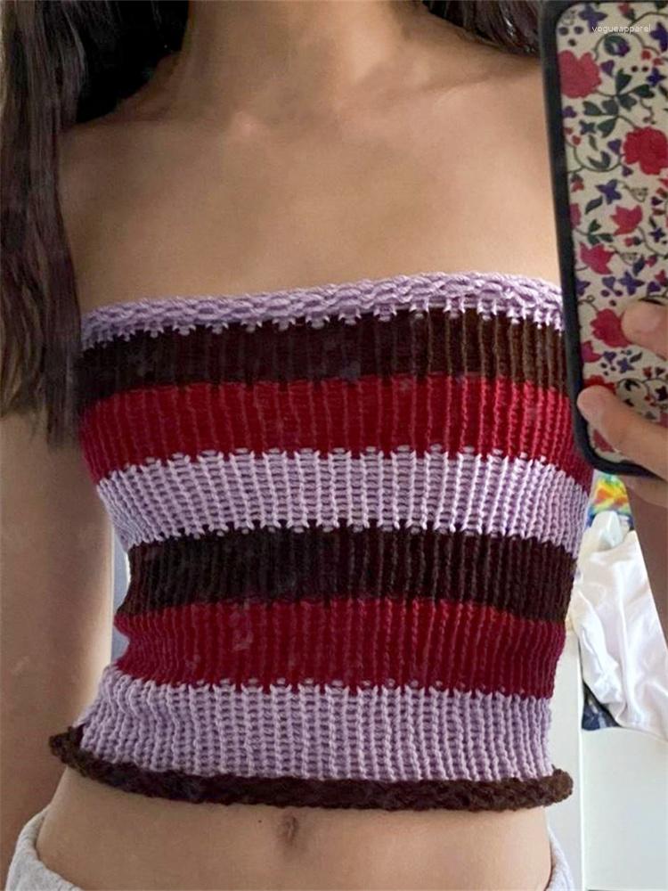 

Women' Tanks Women Y2K Knitted Tube Tops Contrast Color Stripe Strapless Slim Bandeau Crop Summer Casual Sexy Chic Tank Top, Blue