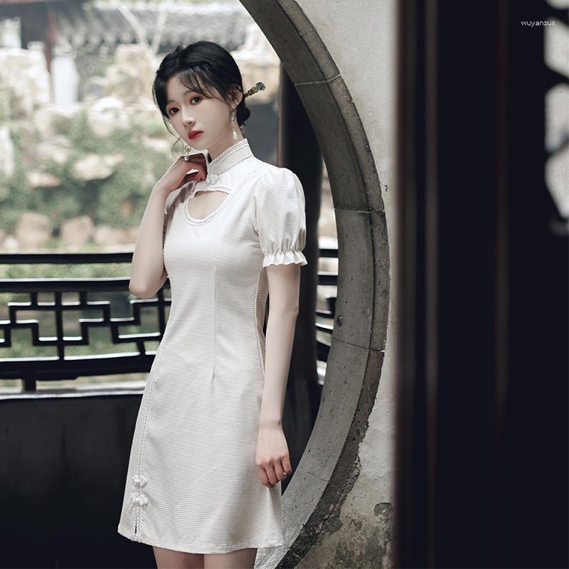 

Ethnic Clothing Cheongsam Chinese Modern Style Puff Sleeve Hollow Out Disc Button Stand Collar Slim Thin Long Dresses Summer Gentle Girls