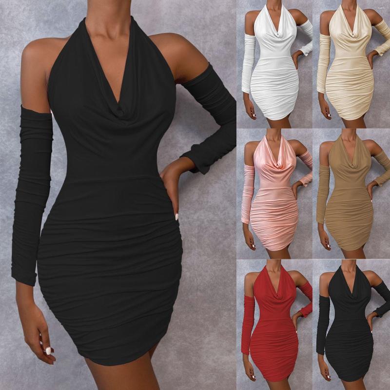 

Casual Dresses Women Summer V Neck Off Shoulder Long Sleeve Dress Solid Color Large Package Hip Skirt Elastic Fiber Slim, White