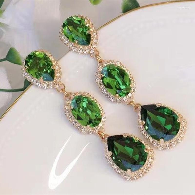 

Stud Earrings Elegant Long Green Water Drop Crystal Inlaid With White Rhinestones Zircon Ladies Party Wedding Light Luxury Jewelry