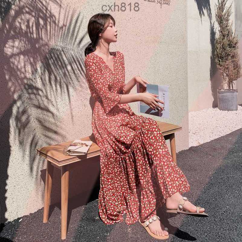 

Mid sleeved floral dress, spring new summer chiffon long skirt, small and fresh, waist tight, slim mid length skirt women clothes, Picture color