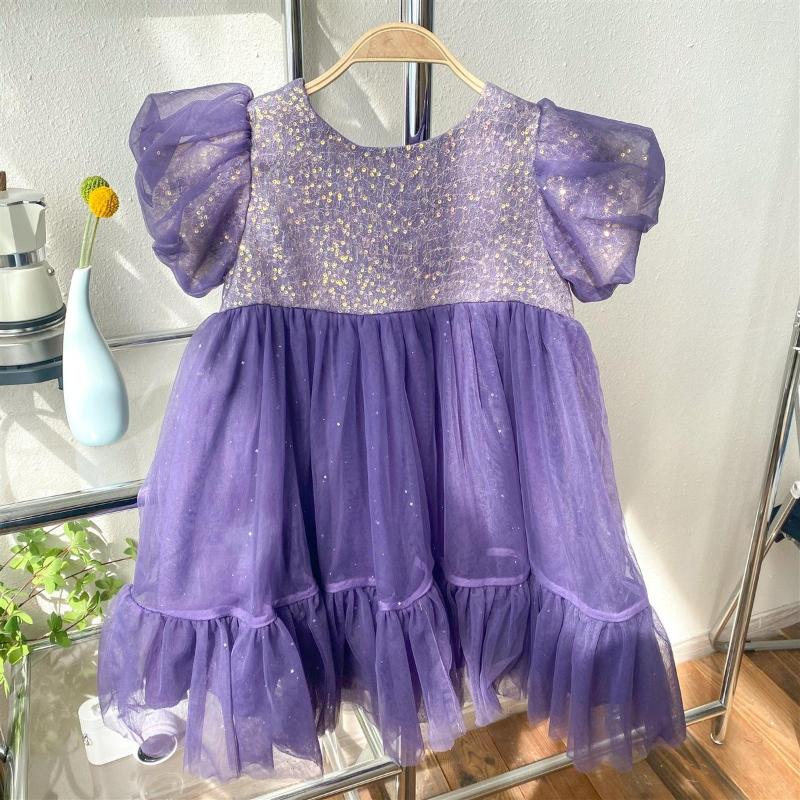 

Girl Dresses Korean Style Princess Dress 2023 Summer Baby Foreign Sequined Mesh Skirt Puff Sleeve Gauze, Purple