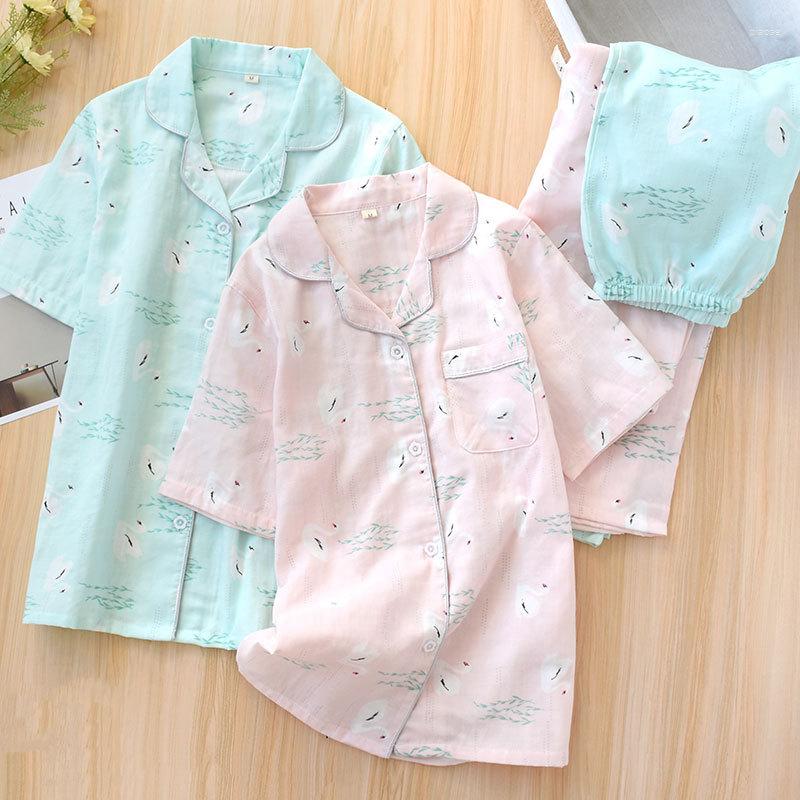 

Women's Sleepwear Summer Pajamas Set Women Pure Cotton Gauze Soft Thin Short Sleeves With Trousers Swan Style Home Wear, Green