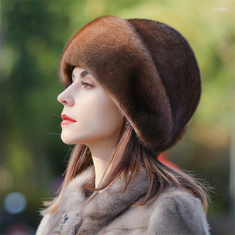 

Berets Ladies Fur Hat 2023 Winter Fluffy Mink Russian Women's Headband Outdoor Earmuff Ski Cap Keep Warm, White