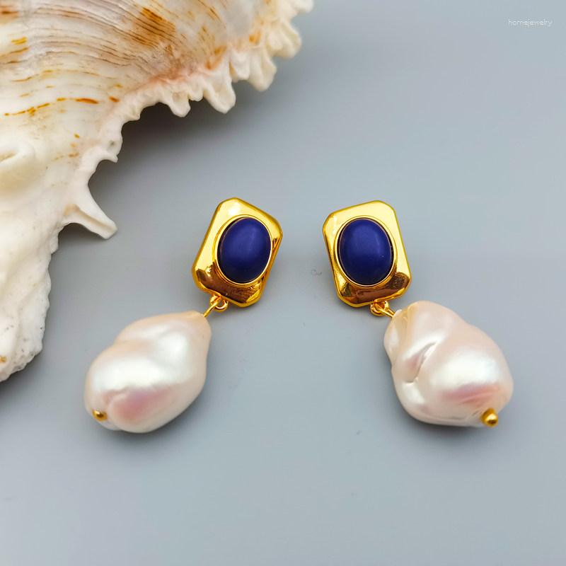

Dangle Earrings French Vintage Baroque Pearl Pendant For Women Luxury Inlay Lapis Lazuli Stone 925 Silver Needle Drop Jewelry