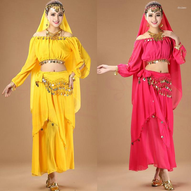 

Stage Wear Fashion Belly Dance Skirt Costume The Women Long-Sleeved Dew Shoulder Top Shirt Adult Dancing Clothes, 2pcs blue