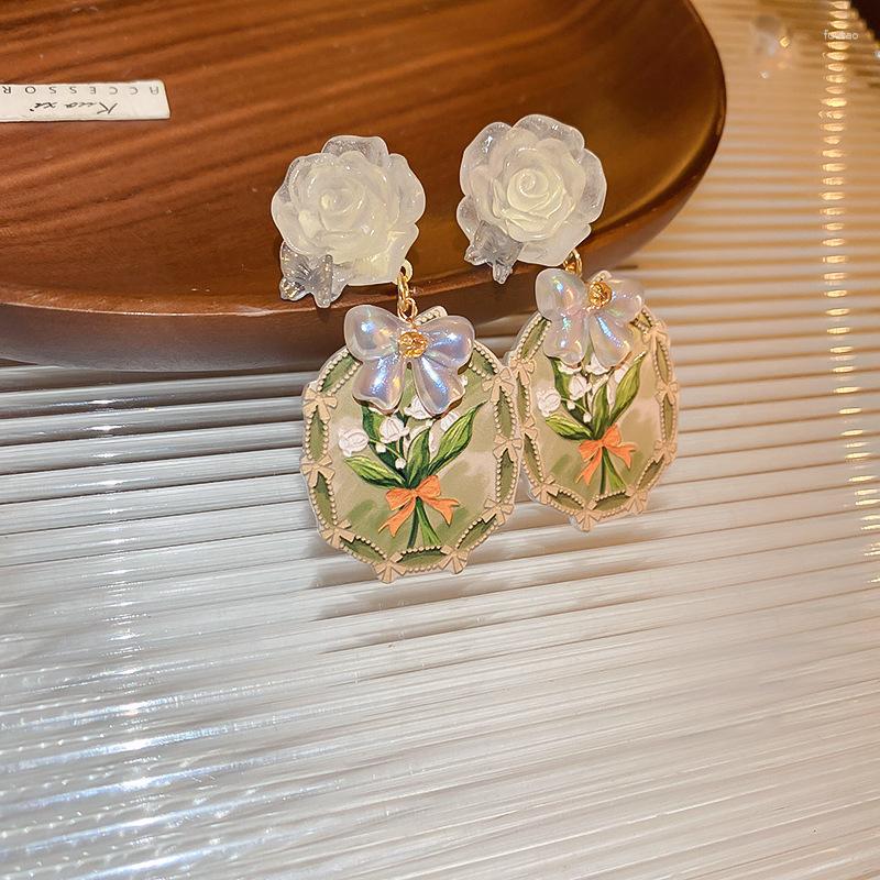 

Dangle Earrings Acrylic Painted Flower Bow Fresh And Sweet Mori