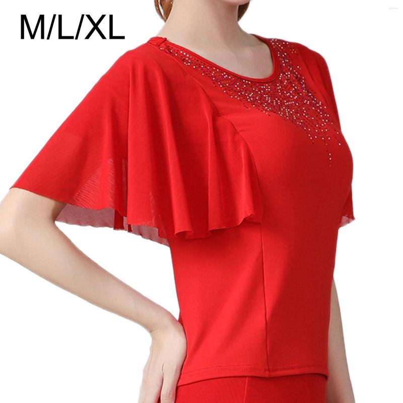 

Stage Wear Women Ballroom Dance Tops Bell Sleeves Short Sleeve Top For Cha Rumba, Picture shown