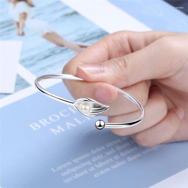 

Bangle Sole Memory Sweet Cute Leaves Natural Pearls Silver Color Female Resizable Bracelets SBR284Bangle Raym22