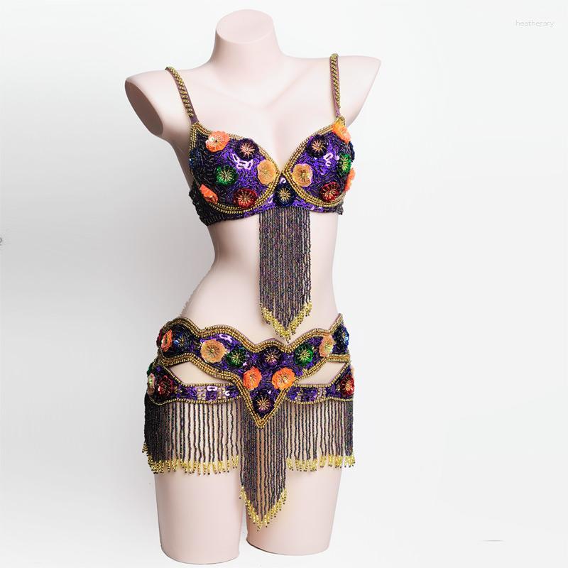 

Stage Wear Professional Belly Dance Bra Belt Set Women Costume Dancing Clothes Sexy Dancer Outfit Performance, Purple
