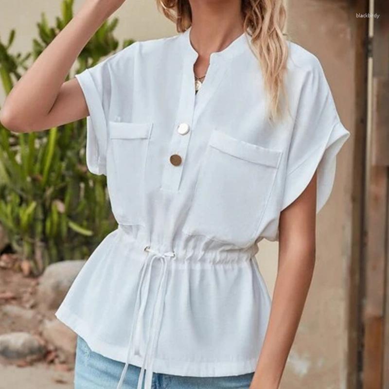 

Women' T Shirts Women' Pure Color Ruffles Girdle Half-Open Collar V-neck Fashionable Elegant Feminist Shirt, White